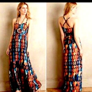 Anthropologie MaEve Maxi Sundress Empire/Knotted Waist Sash Geometric w/Pockets
